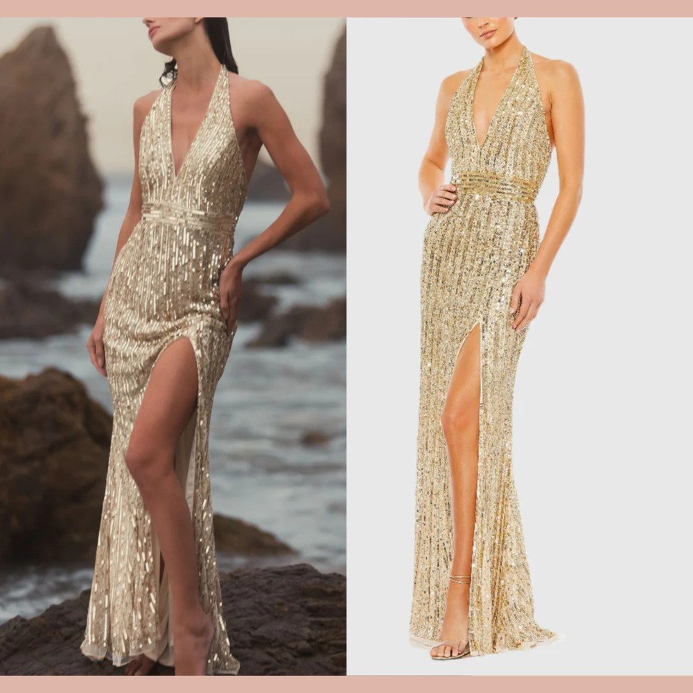 NWT $698 Mac‎ Duggal [ 14 ] 5759 Sequined Halter Strap Trumpet Gown Gold S2125